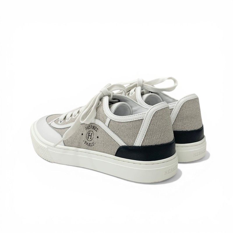 Hermes Get Sneakers Shoes Canvas Leather Gray White Black Low Cut Logo — view 4