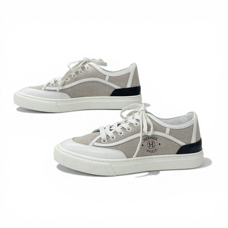 Hermes Get Sneakers Shoes Canvas Leather Gray White Black Low Cut Logo — view 3