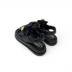 Chanel Sandals Shoes Leather Black Gold CC Logo Quilted Camellia Rhinestone — view 4