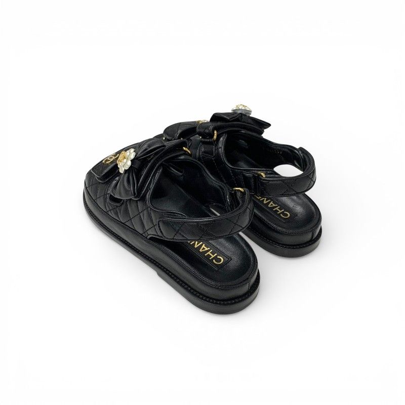 Chanel Sandals Shoes Leather Black Gold CC Logo Quilted Camellia Rhinestone — view 4