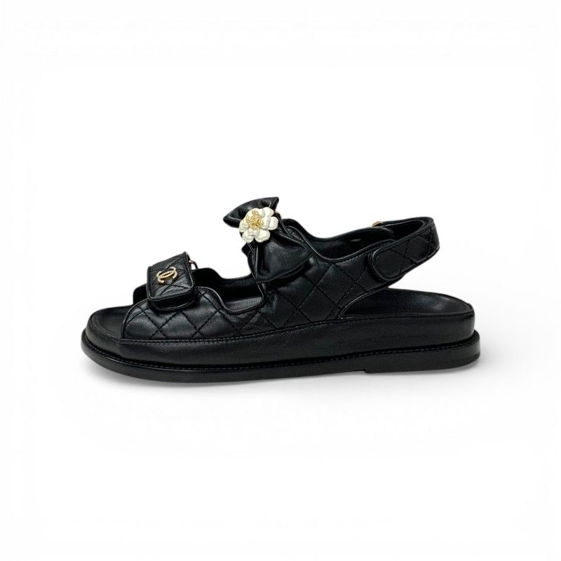 Chanel Sandals Shoes Leather Black Gold CC Logo Quilted Camellia Rhinestone — view 3