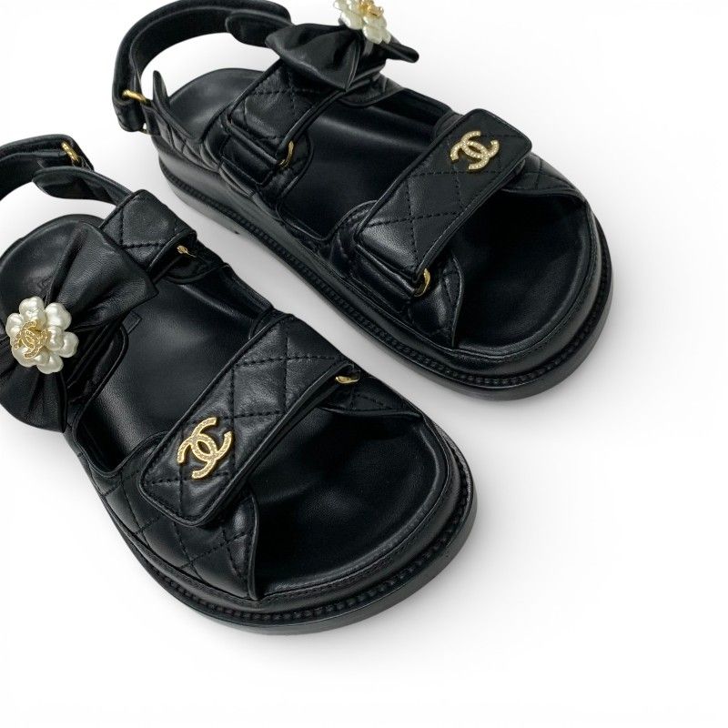 Chanel Sandals Shoes Leather Black Gold CC Logo Quilted Camellia Rhinestone — view 9