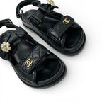 Chanel Sandals Shoes Leather Black Gold CC Logo Quilted Camellia Rhinestone — view 9