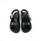 Chanel Sandals Shoes Leather Black Gold CC Logo Quilted Camellia Rhinestone — view 2