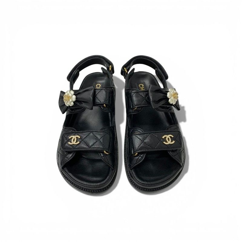 Chanel Sandals Shoes Leather Black Gold CC Logo Quilted Camellia Rhinestone — view 2