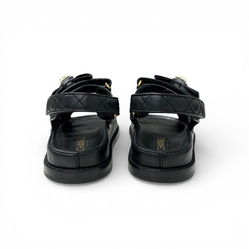Chanel Sandals Shoes Leather Black Gold CC Logo Quilted Camellia Rhinestone — view 5