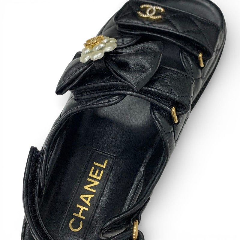 Chanel Sandals Shoes Leather Black Gold CC Logo Quilted Camellia Rhinestone — view 7