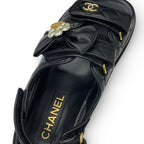 Chanel Sandals Shoes Leather Black Gold CC Logo Quilted Camellia Rhinestone — view 7