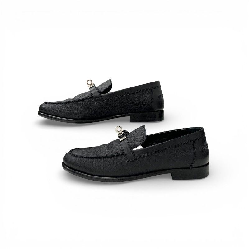Hermes Destin Loafers Leather Shoes Black Silver Kelly Moccasins — view 3