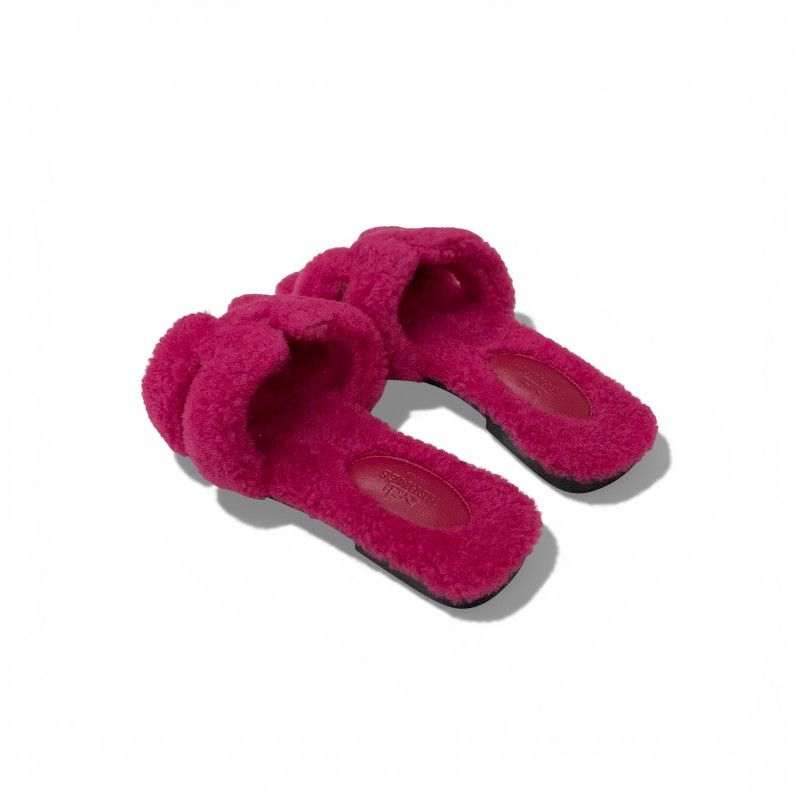 Hermes Oran Sandals Shoes Shearling Pink Flat Mule Boa — view 4
