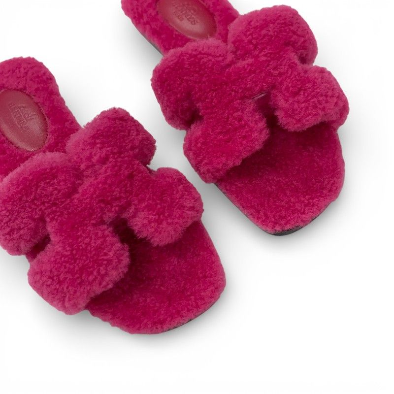 Hermes Oran Sandals Shoes Shearling Pink Flat Mule Boa — view 9