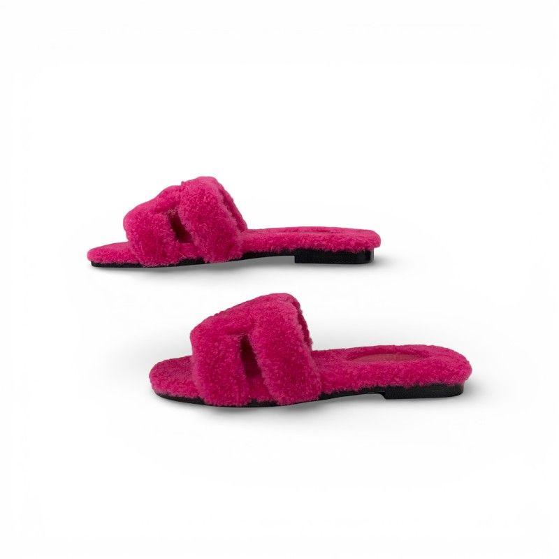 Hermes Oran Sandals Shoes Shearling Pink Flat Mule Boa — view 3