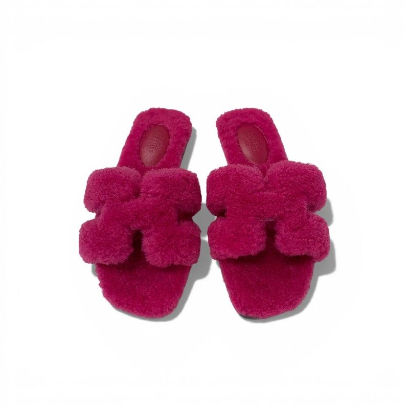 Hermes Oran Sandals Shoes Shearling Pink Flat Mule Boa — view 2