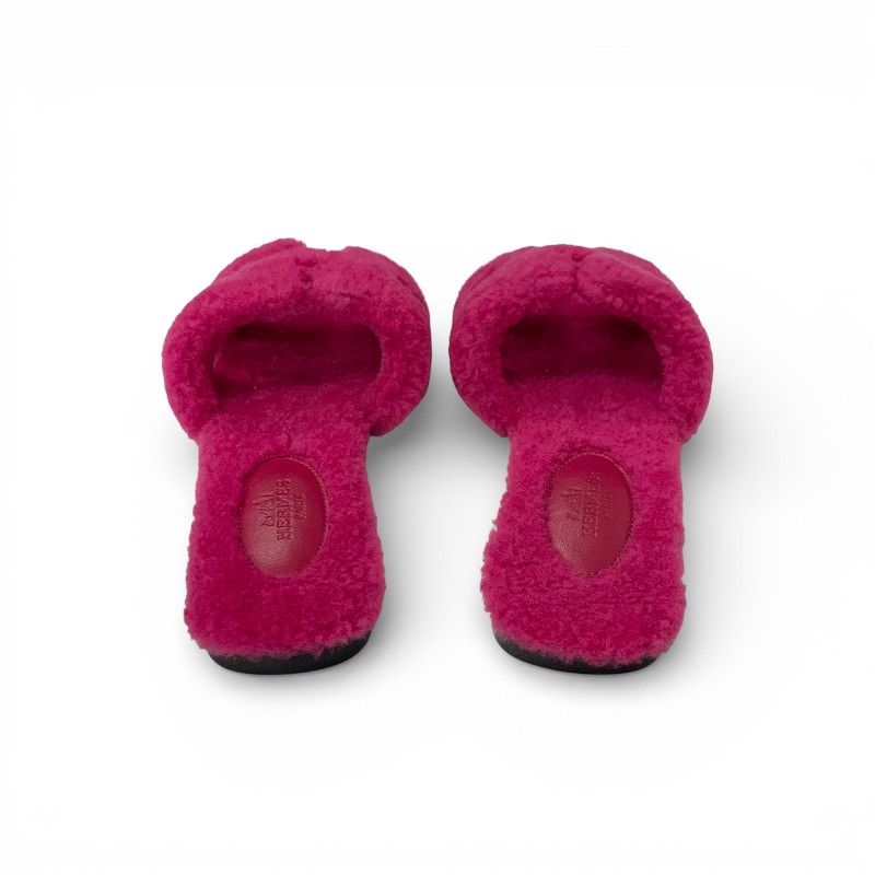 Hermes Oran Sandals Shoes Shearling Pink Flat Mule Boa — view 5