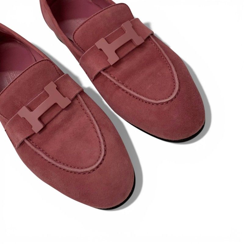 Hermes Loafers Leather Shoes Suede Pink Hhardware Moccasins Flat — view 9