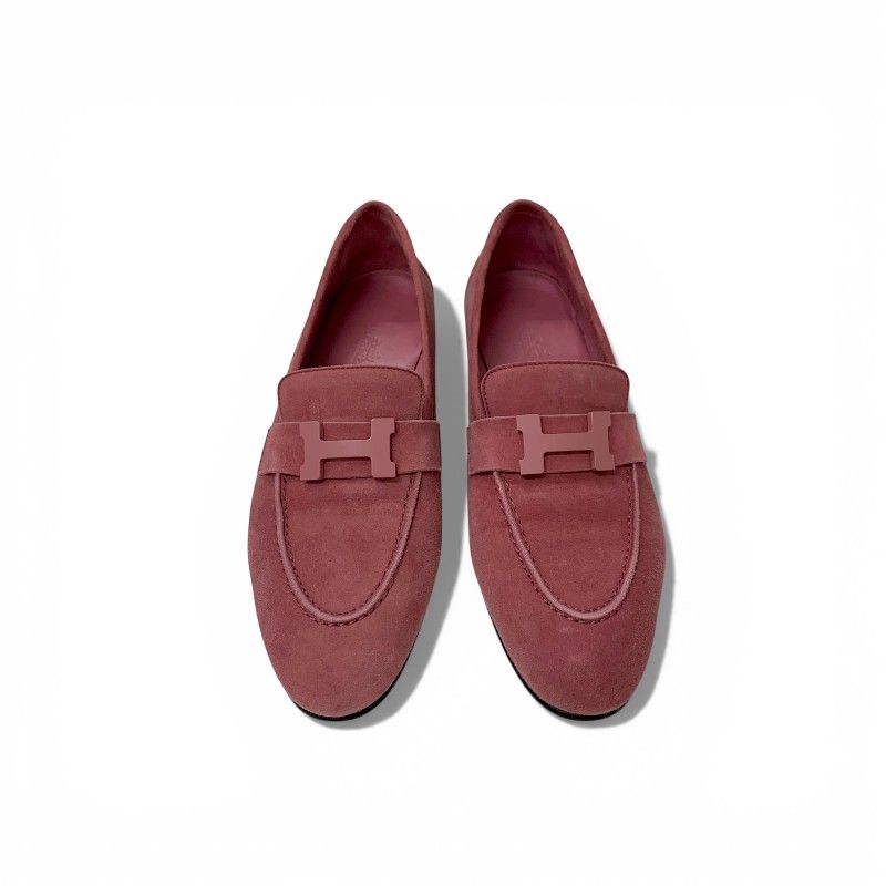 Hermes Loafers Leather Shoes Suede Pink Hhardware Moccasins Flat — view 2