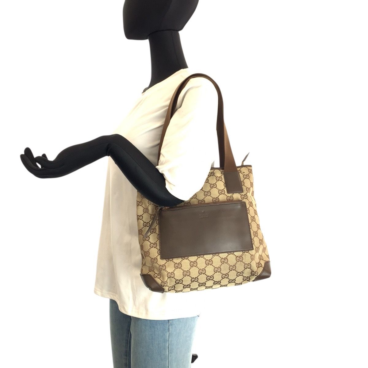Gucci Brown Beige GG Canvas Leather 019 Tote Shoulder Bag — view 7