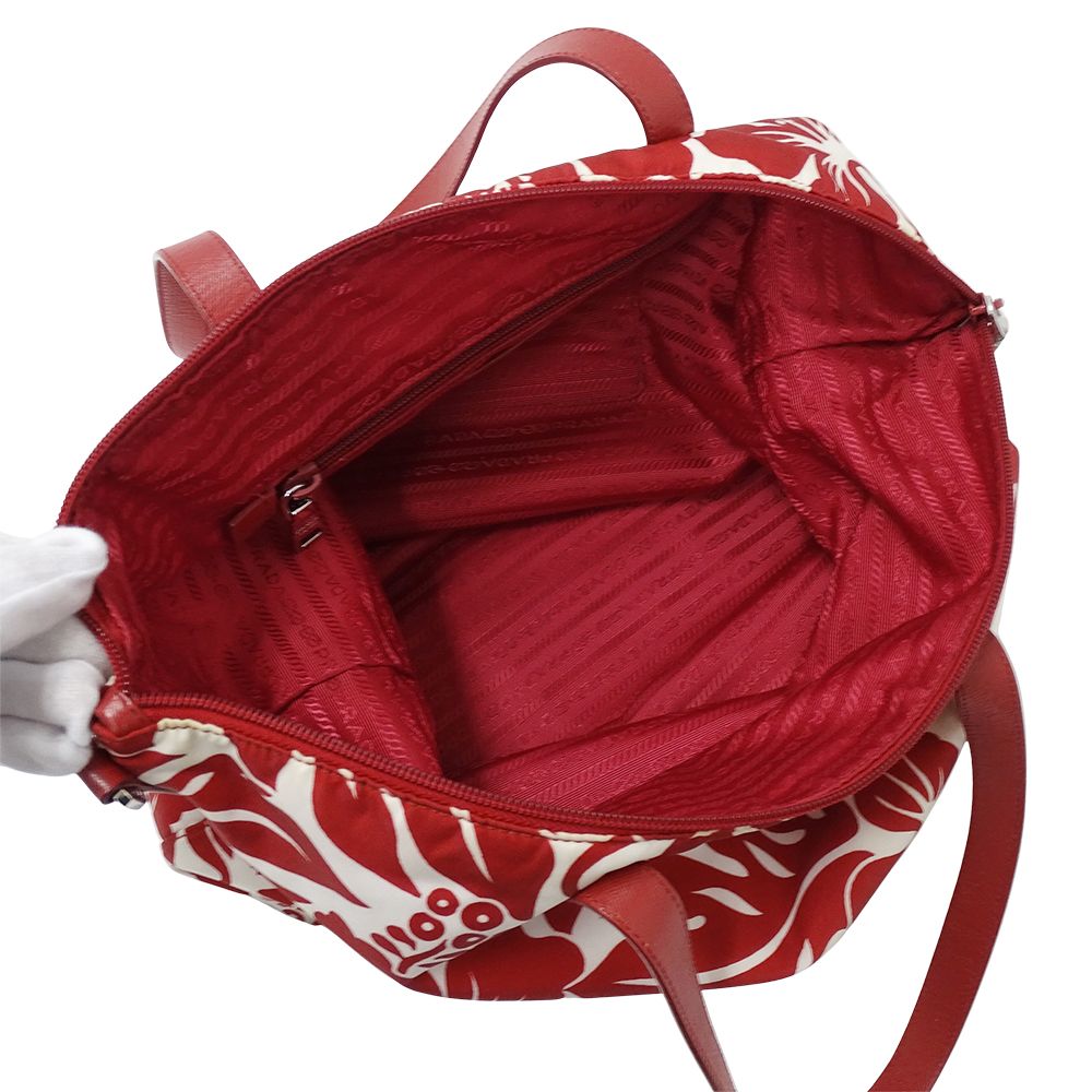 Prada Tote Shoulder Bag 2-Way Nylon Red White Hibiscus Floral Pattern Flower — view 5
