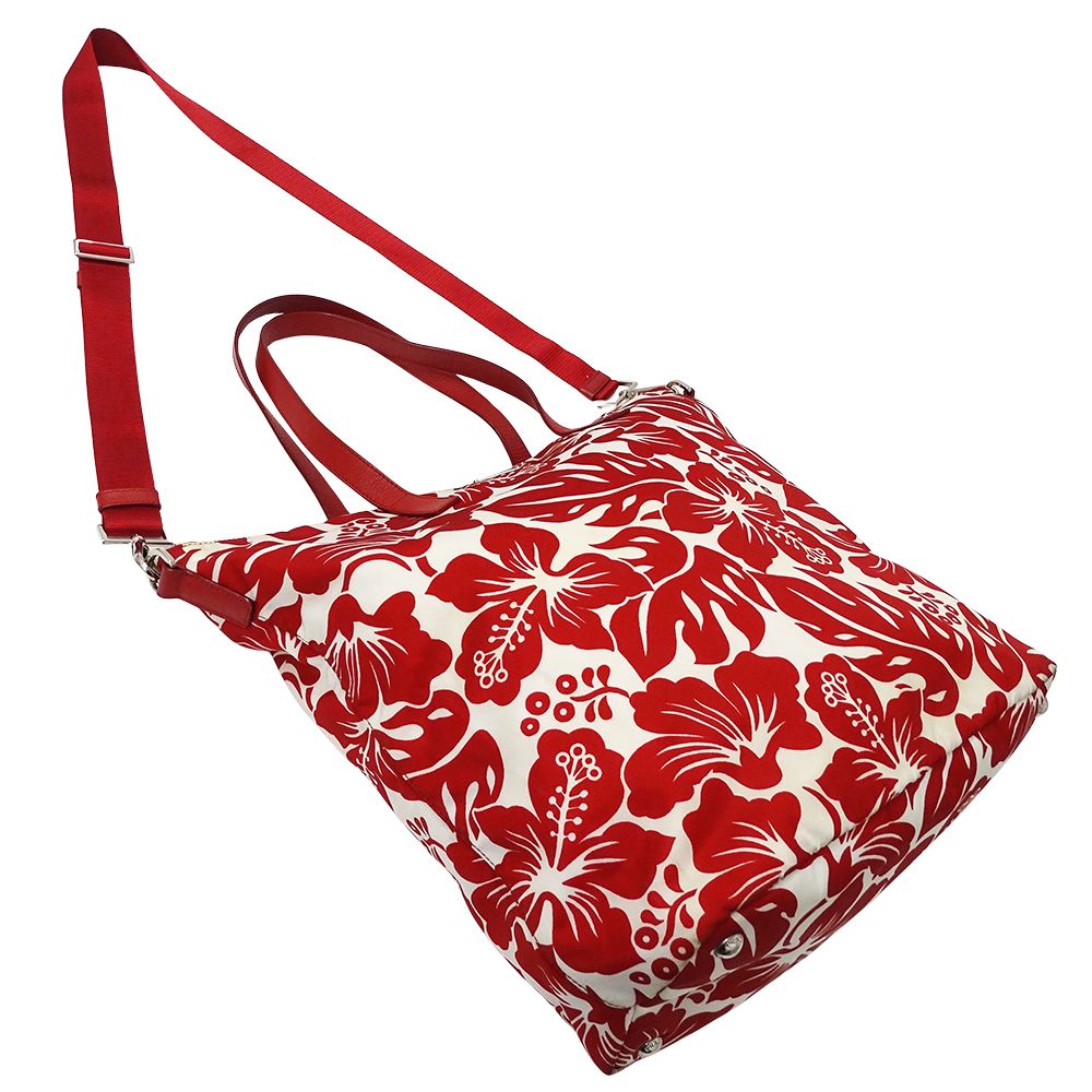 Prada Tote Shoulder Bag 2-Way Nylon Red White Hibiscus Floral Pattern Flower — view 4