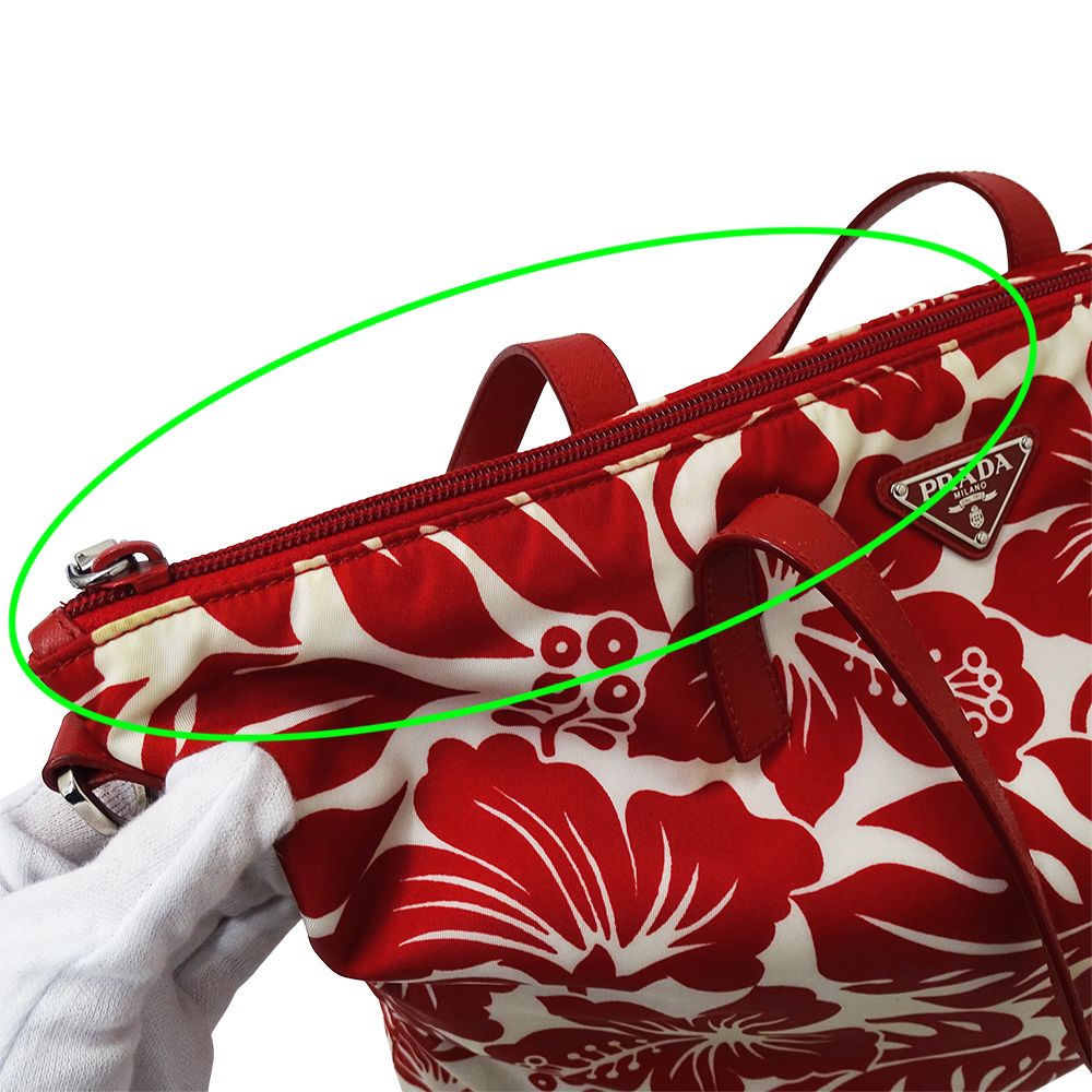 Prada Tote Shoulder Bag 2-Way Nylon Red White Hibiscus Floral Pattern Flower — view 7