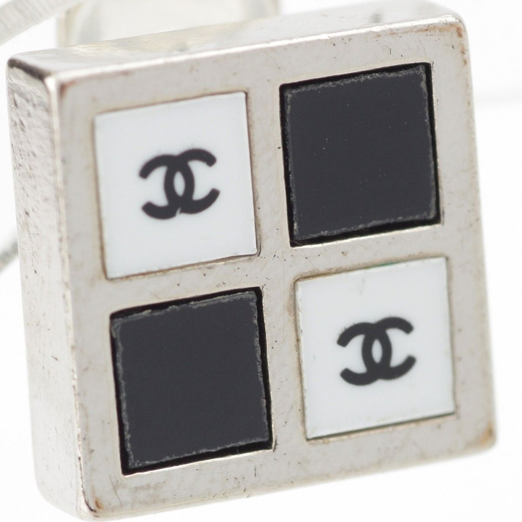 Chanel CC Logo Square Earrings Silver Black White — view 4