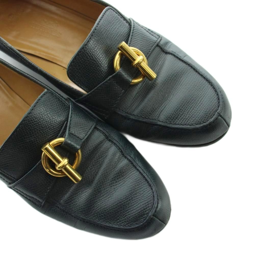 Hermes Chaine D'ancre Loafers Moccasins Logo Leather Gold 37 Navy — view 3