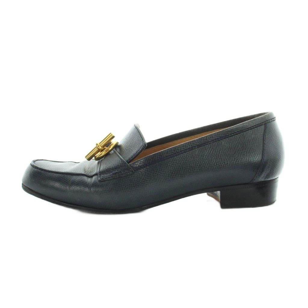 Hermes Chaine D'ancre Loafers Moccasins Logo Leather Gold 37 Navy — view 2