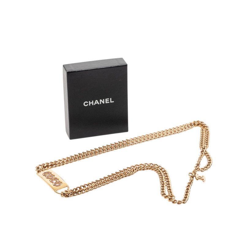 Chanel CC Logo Coco Rhinestone Necklace Double Chain Gold Pink Plated — view 5
