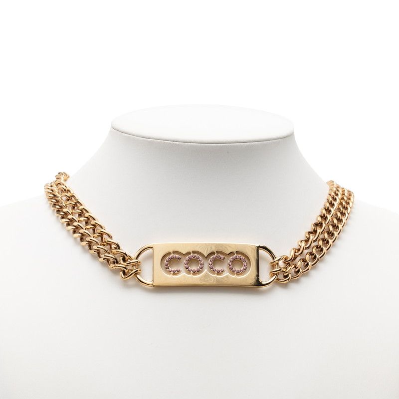 Chanel CC Logo Coco Rhinestone Necklace Double Chain Gold Pink Plated — view 6