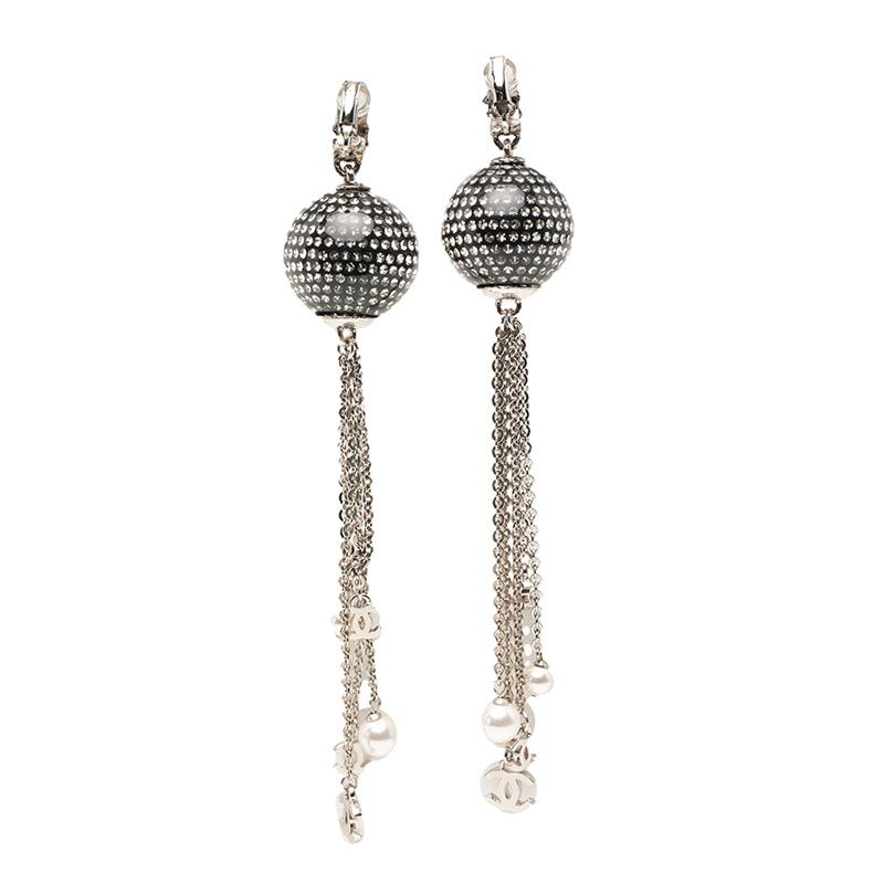 Chanel CC Logo Mirror Ball Earrings Silver Metal Faux Pearl Rhinestone — view 2
