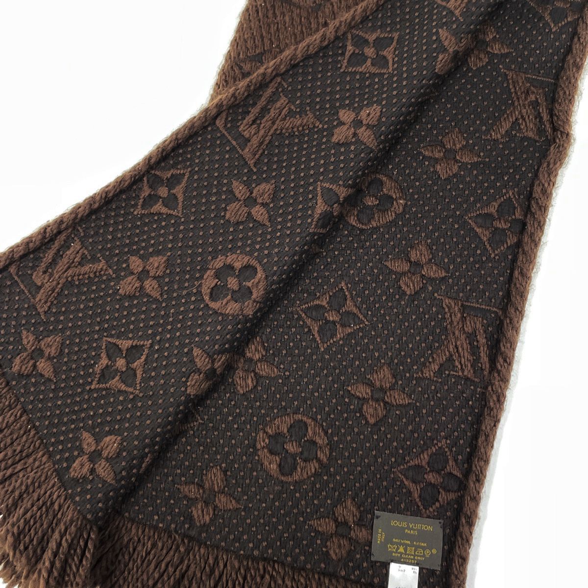 Louis Vuitton Echarpe Logo Mania Fringe Scarf Wool Silk Brown — view 2