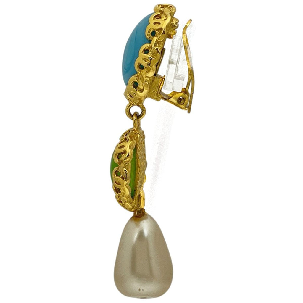 Chanel Faux Pearl Earrings Gripoix Blue Green Gold — view 2
