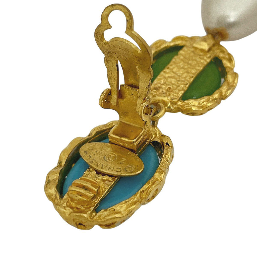 Chanel Faux Pearl Earrings Gripoix Blue Green Gold — view 4