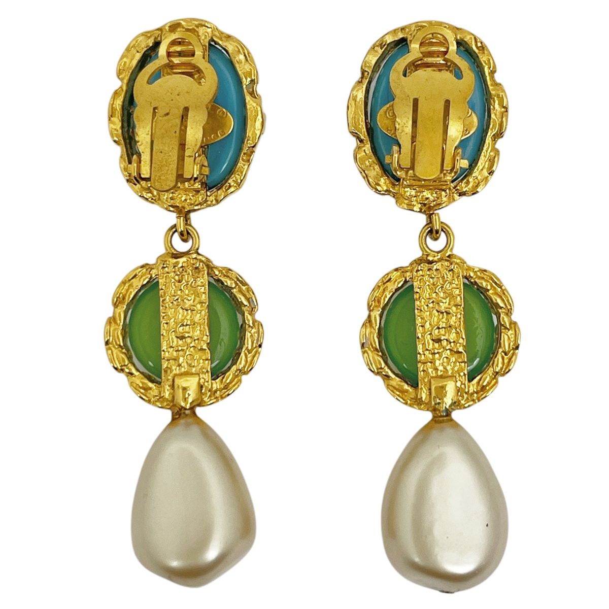 Chanel Faux Pearl Earrings Gripoix Blue Green Gold — view 3