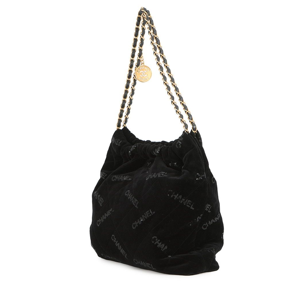 Chanel Chain Shoulder Bag 22 Quilted Small Velour Sequin Black with Pouch — view 2