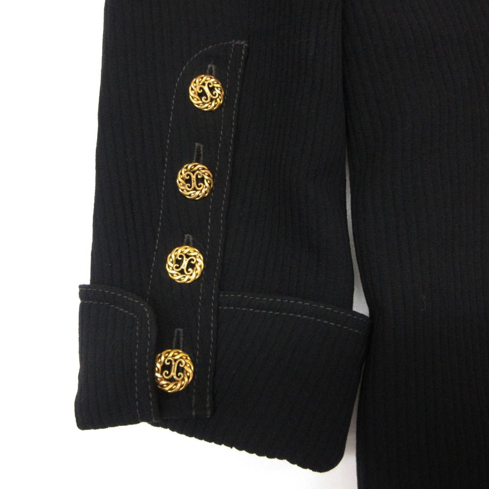 Chanel Vintage Suit Set Rib Stripe Gold Button Skirt Shawl Collar Knee Length — view 7