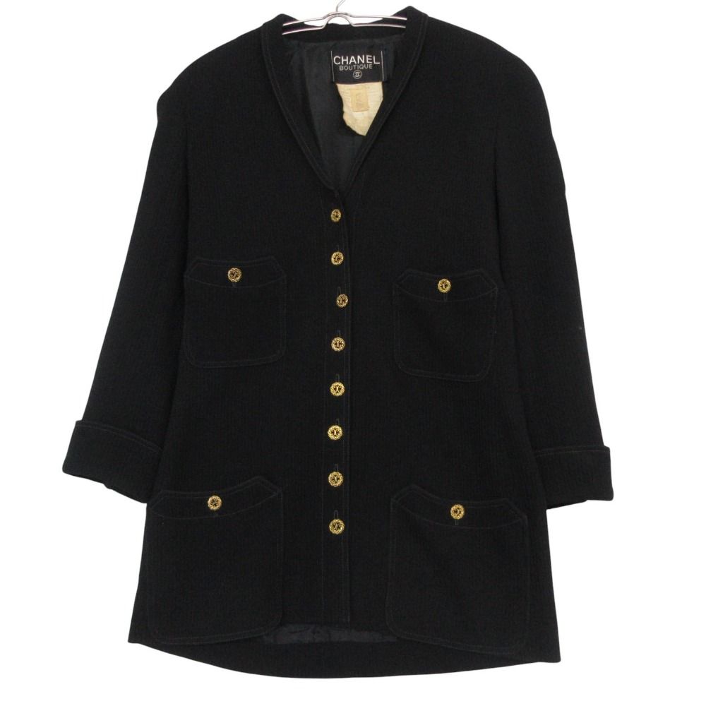 Chanel Vintage Suit Set Rib Stripe Gold Button Skirt Shawl Collar Knee Length — view 2