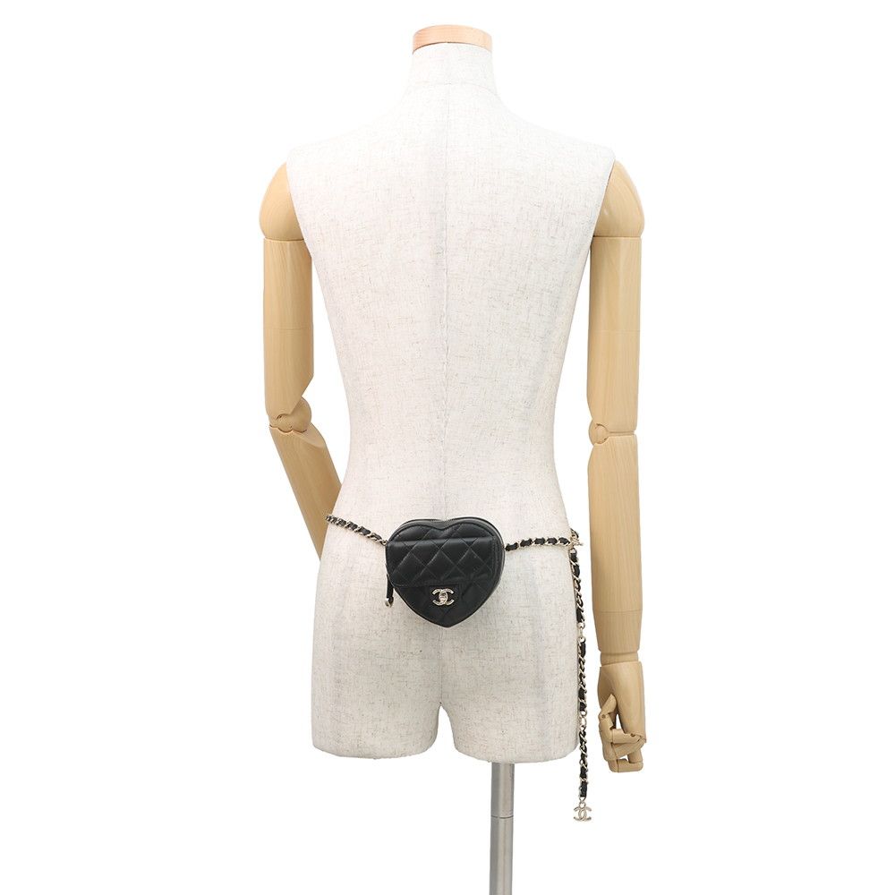 Chanel Chain Waist Bag Quilted Heart CC Logo Lambskin Black — view 5