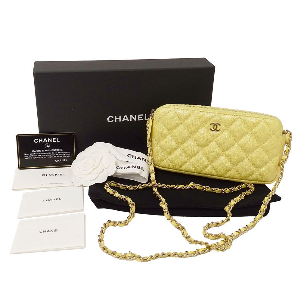 Chanel Wallet Shoulder Quilted Caviar Leather Yellow Gold Chain Logo Glittering — view 5