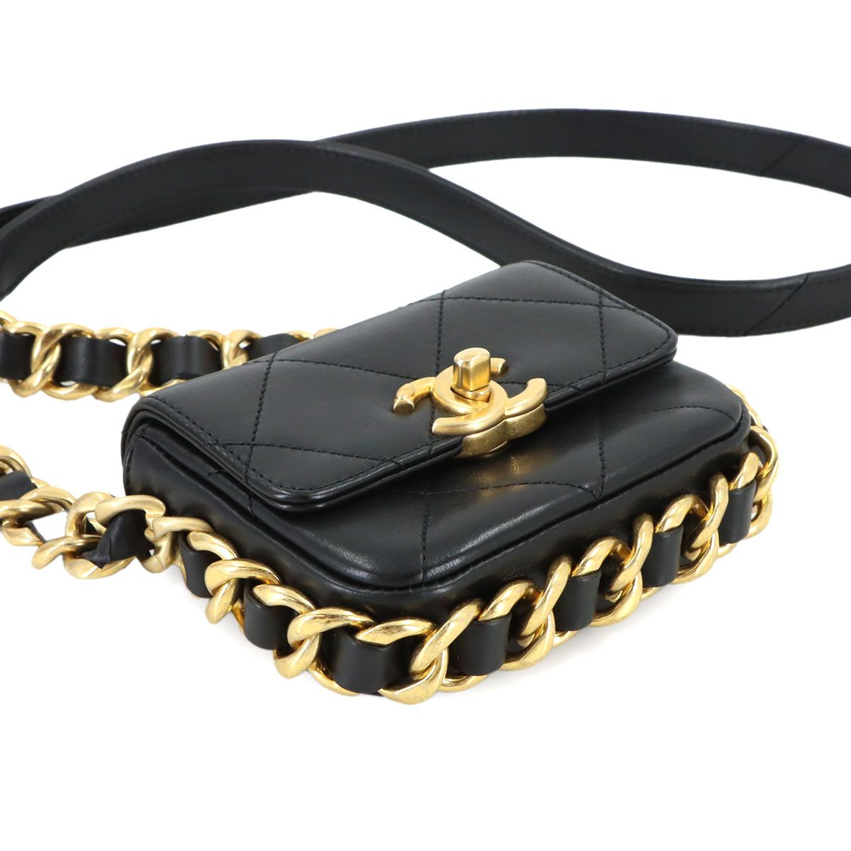 Chanel Mini Quilted Chain Shoulder Bag Leather Black Gold — view 4