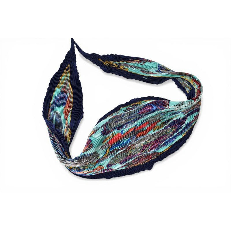 Hermes Scarf Pleated Carre Shawl Diamond Twill Tropical Fish Marine Blue — view 2