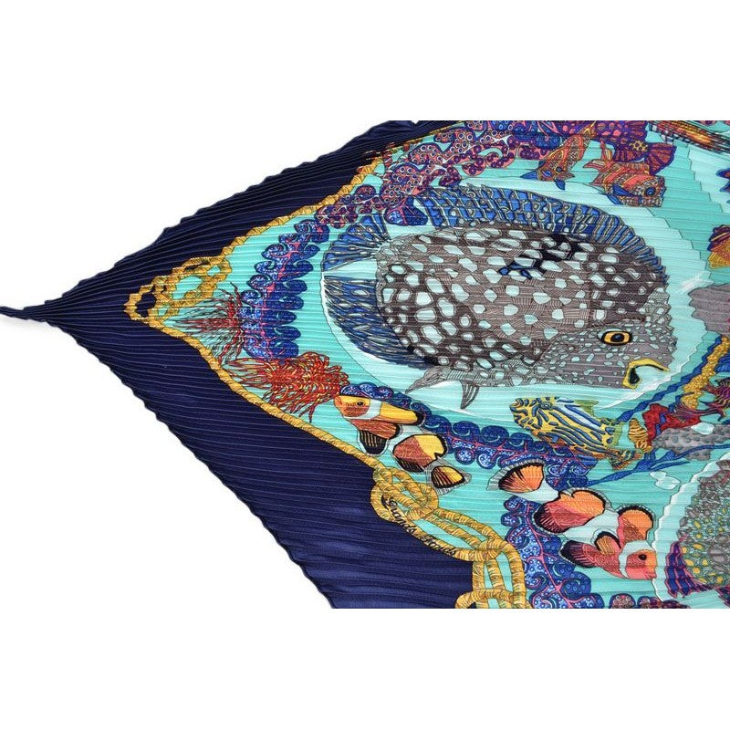 Hermes Scarf Pleated Carre Shawl Diamond Twill Tropical Fish Marine Blue — view 5