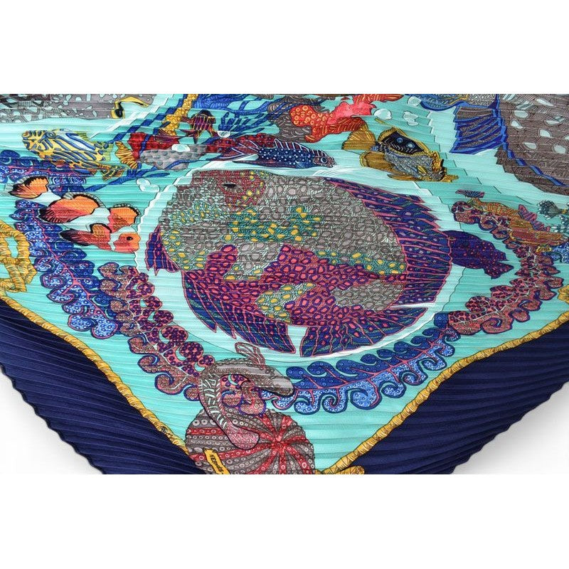 Hermes Scarf Pleated Carre Shawl Diamond Twill Tropical Fish Marine Blue — view 3