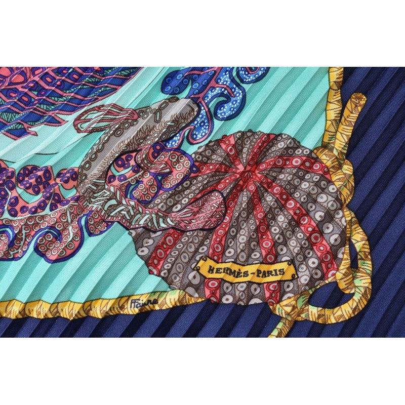 Hermes Scarf Pleated Carre Shawl Diamond Twill Tropical Fish Marine Blue — view 6