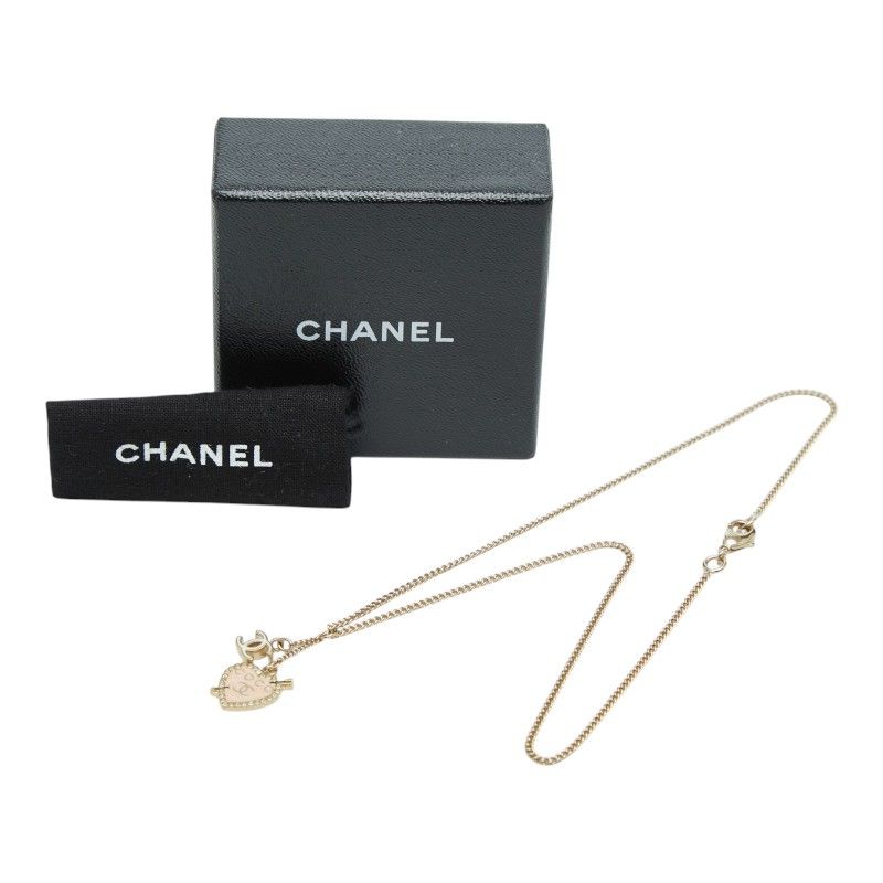 Chanel CC Logo Heart & Aro Rhinestone Pendant Necklace Gold Pink Plated Enamel — view 7