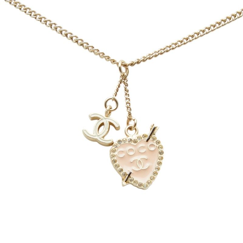 Chanel CC Logo Heart & Aro Rhinestone Pendant Necklace Gold Pink Plated Enamel — view 2
