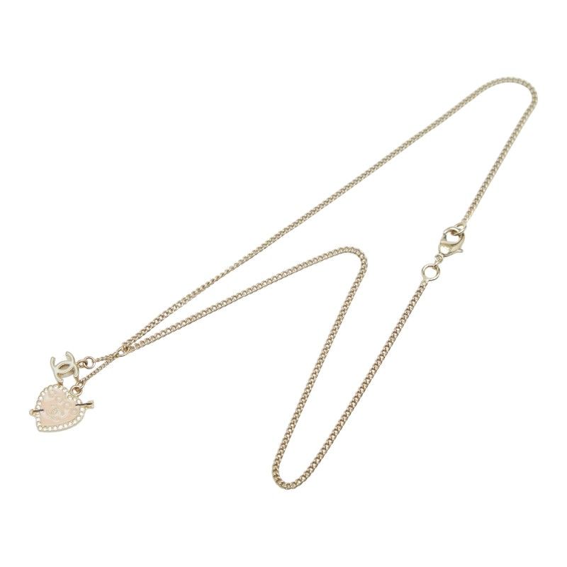 Chanel CC Logo Heart & Aro Rhinestone Pendant Necklace Gold Pink Plated Enamel — view 4