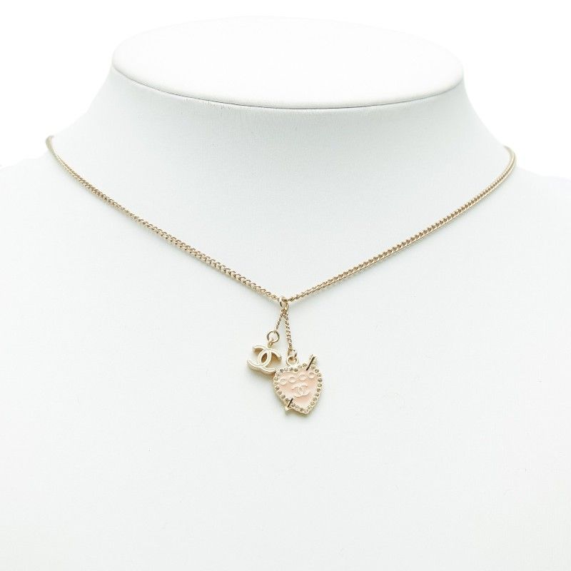 Chanel CC Logo Heart & Aro Rhinestone Pendant Necklace Gold Pink Plated Enamel — view 6