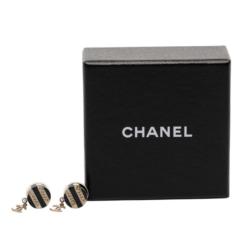 Chanel CC Logo Chain Border Earrings Gold Black Plated Plastic — view 4