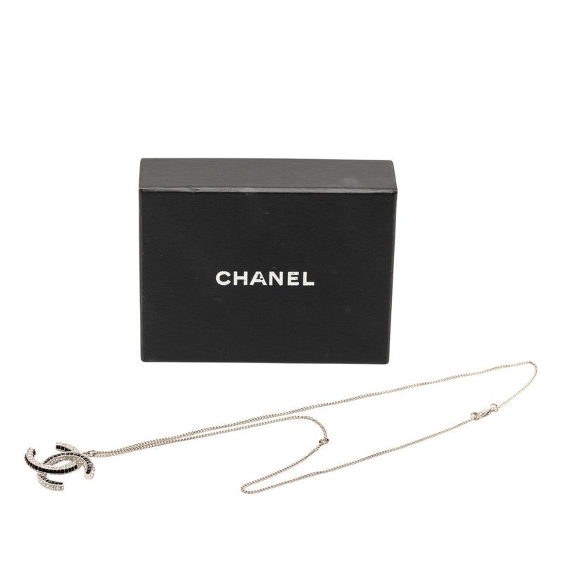 Chanel CC Logo Rhinestone Necklace Silver Black Metal — view 6